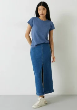 hush Tops & T-Shirts|Slim Fit Slub Cotton Crew Neck T-Shirt Denim Blue