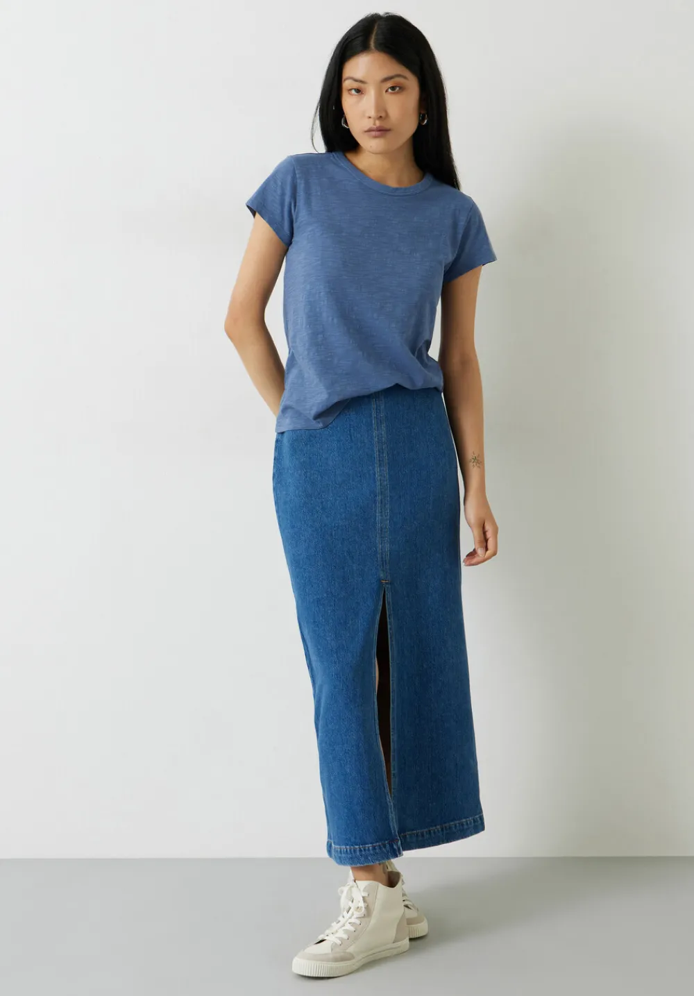 hush Tops & T-Shirts|Slim Fit Slub Cotton Crew Neck T-Shirt Denim Blue