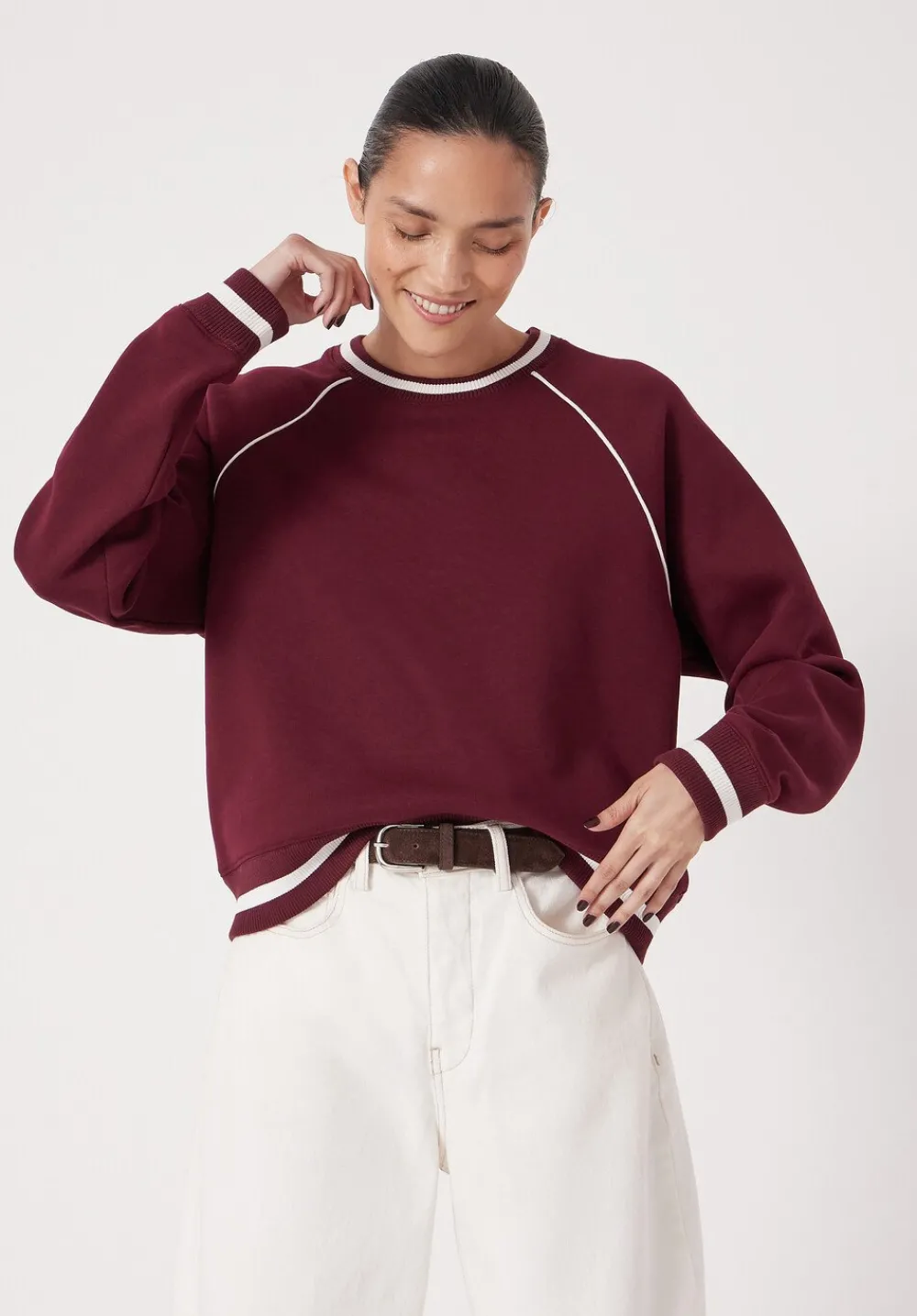 hush Sweatshirts & Hoodies|Striped Rib Raglan Sweatshirt Wine Red