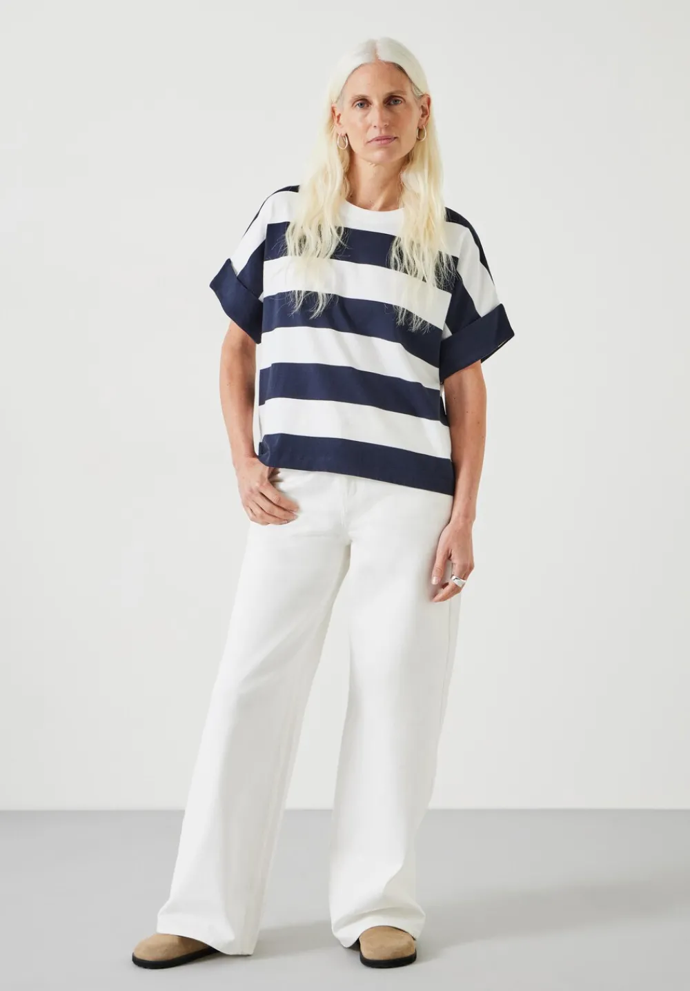 hush Tops & T-Shirts|Sutton Stripe Boxy T-Shirt White