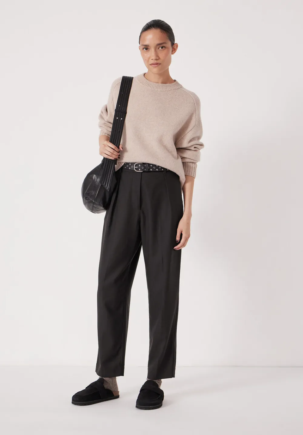 hush Trousers|Tapered Leg Wool Blend Trousers Black