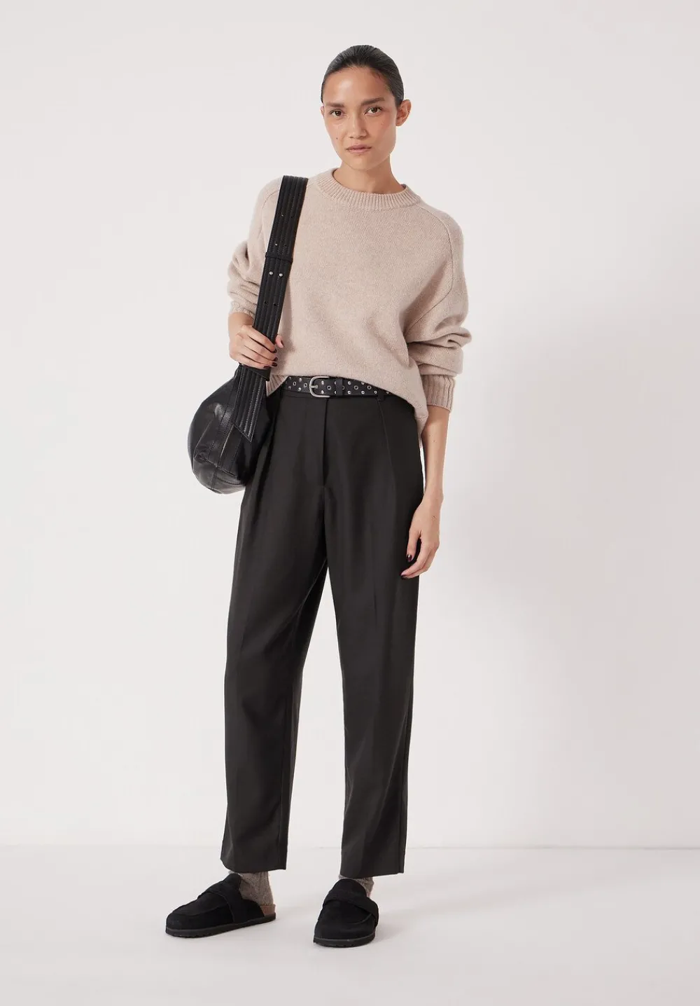 hush Trousers|Tapered Leg Wool Blend Trousers Black