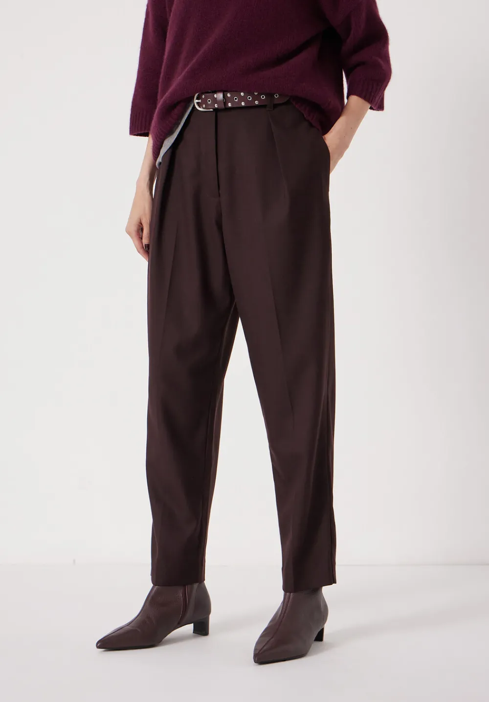 hush Trousers|Tapered Leg Wool Blend Trousers Burgundy Purple