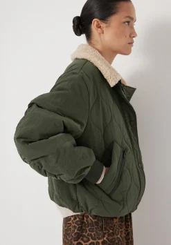 hush Jackets & Coats|Teddy Collar Quilted Bomber Grey Green