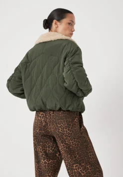 hush Jackets & Coats|Teddy Collar Quilted Bomber Grey Green