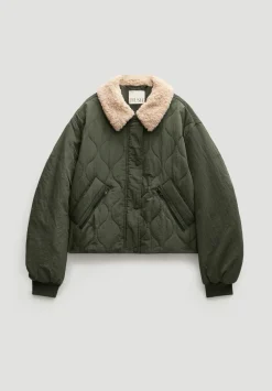 hush Jackets & Coats|Teddy Collar Quilted Bomber Grey Green
