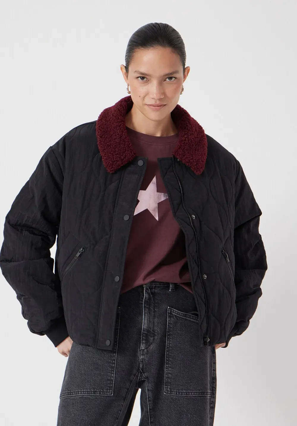 hush Jackets & Coats|Teddy Collar Quilted Bomber Black