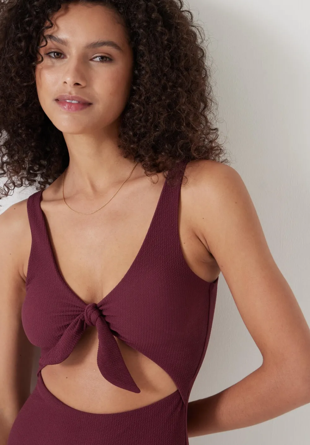 hush Swimwear & Beachwear|Tie Front Texture Swimsuit Burgundy Red