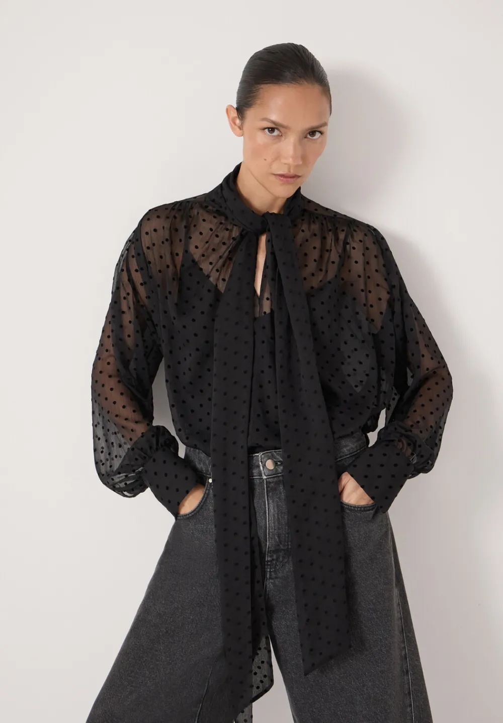 hush Shirts & Blouses|Tie Neck Flocked Spot Blouse Black