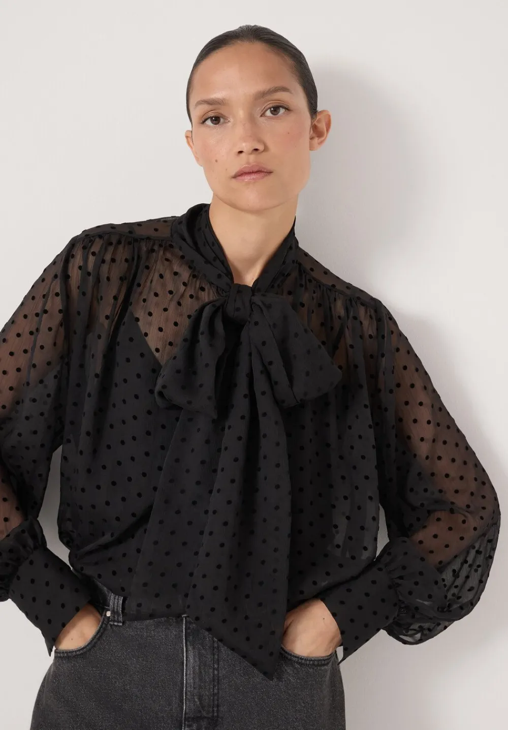 hush Shirts & Blouses|Tie Neck Flocked Spot Blouse Black