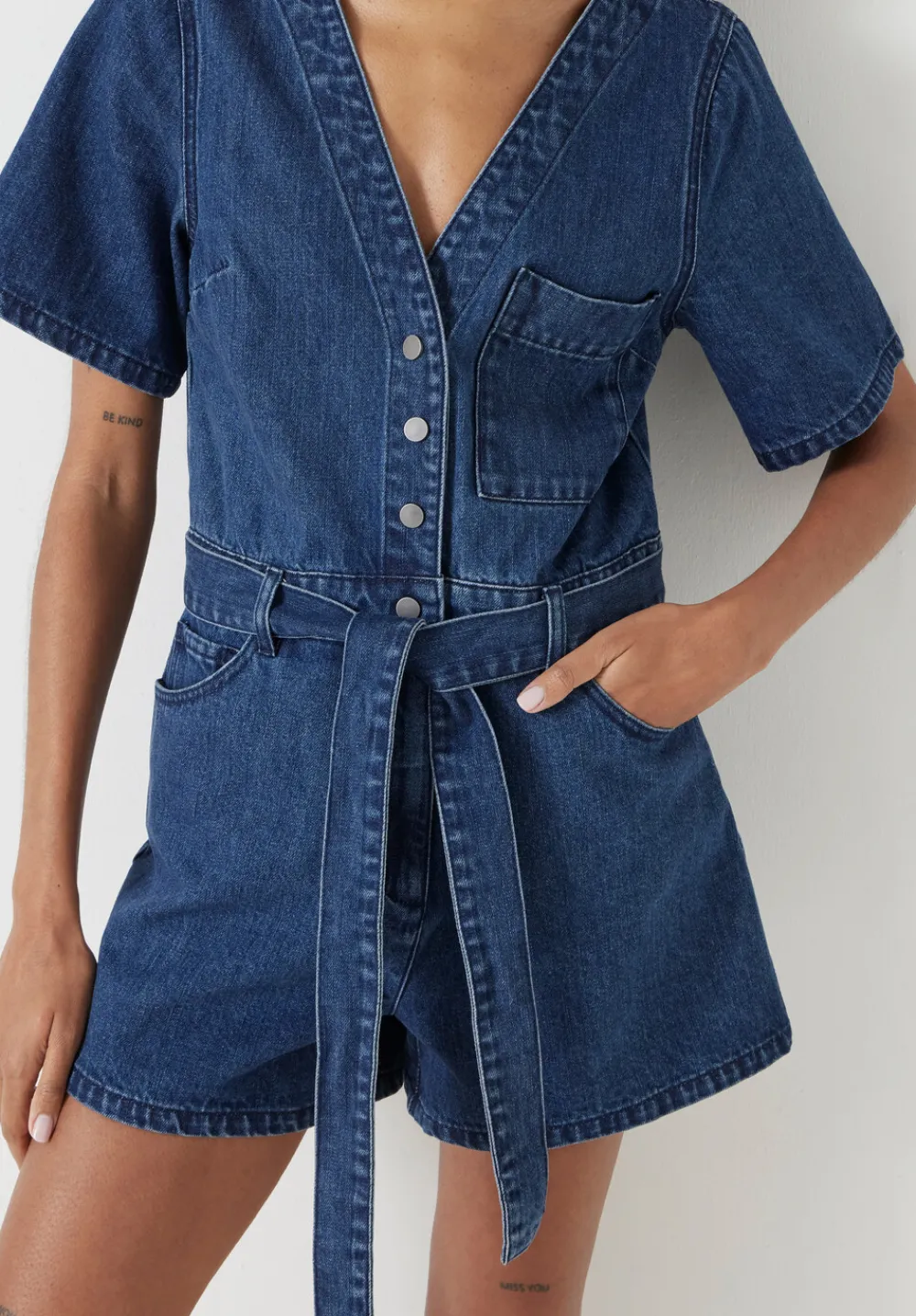 hush Jumpsuits|V Neck Denim Playsuit Mid Blue Authentic