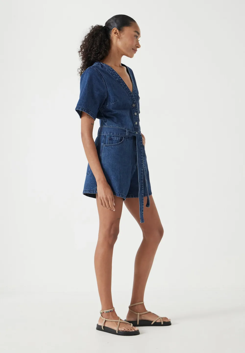 hush Jumpsuits|V Neck Denim Playsuit Mid Blue Authentic