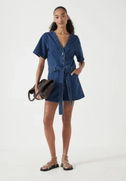 hush Jumpsuits|V Neck Denim Playsuit Mid Blue Authentic