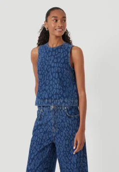 hush Tops & T-Shirts|Valerie Leopard Print Denim Shell Top Mid Blue