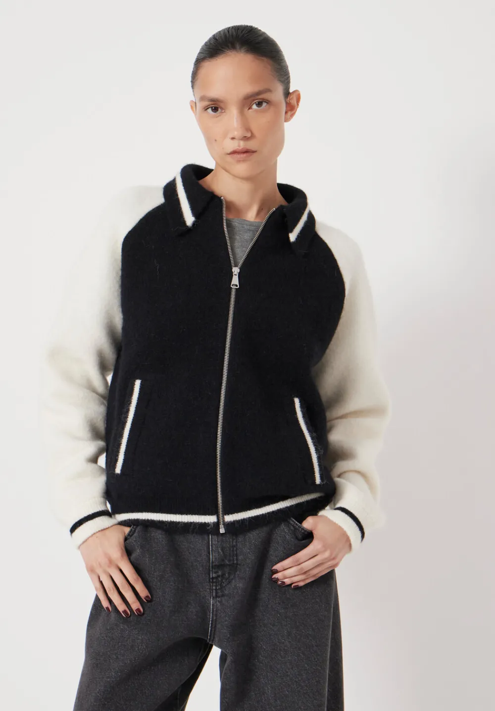 hush Jumpers & Cardigans|Varsity Logo Wool Blend Bomber Jacket Black/Ecru