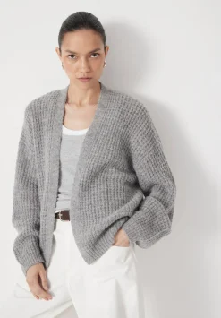 hush Jumpers & Cardigans|Waffle Stitch Wool Blend Edge to Edge Cardigan Light Grey Marl