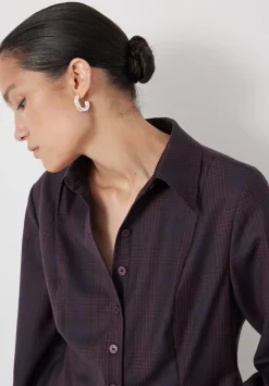 hush Shirts & Blouses|Waisted Checked Wool Shirt Burgundy Purple