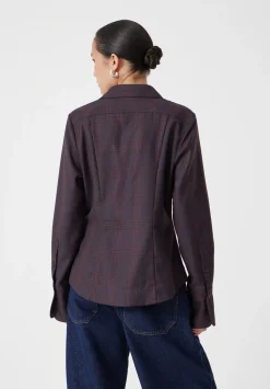 hush Shirts & Blouses|Waisted Checked Wool Shirt Burgundy Purple