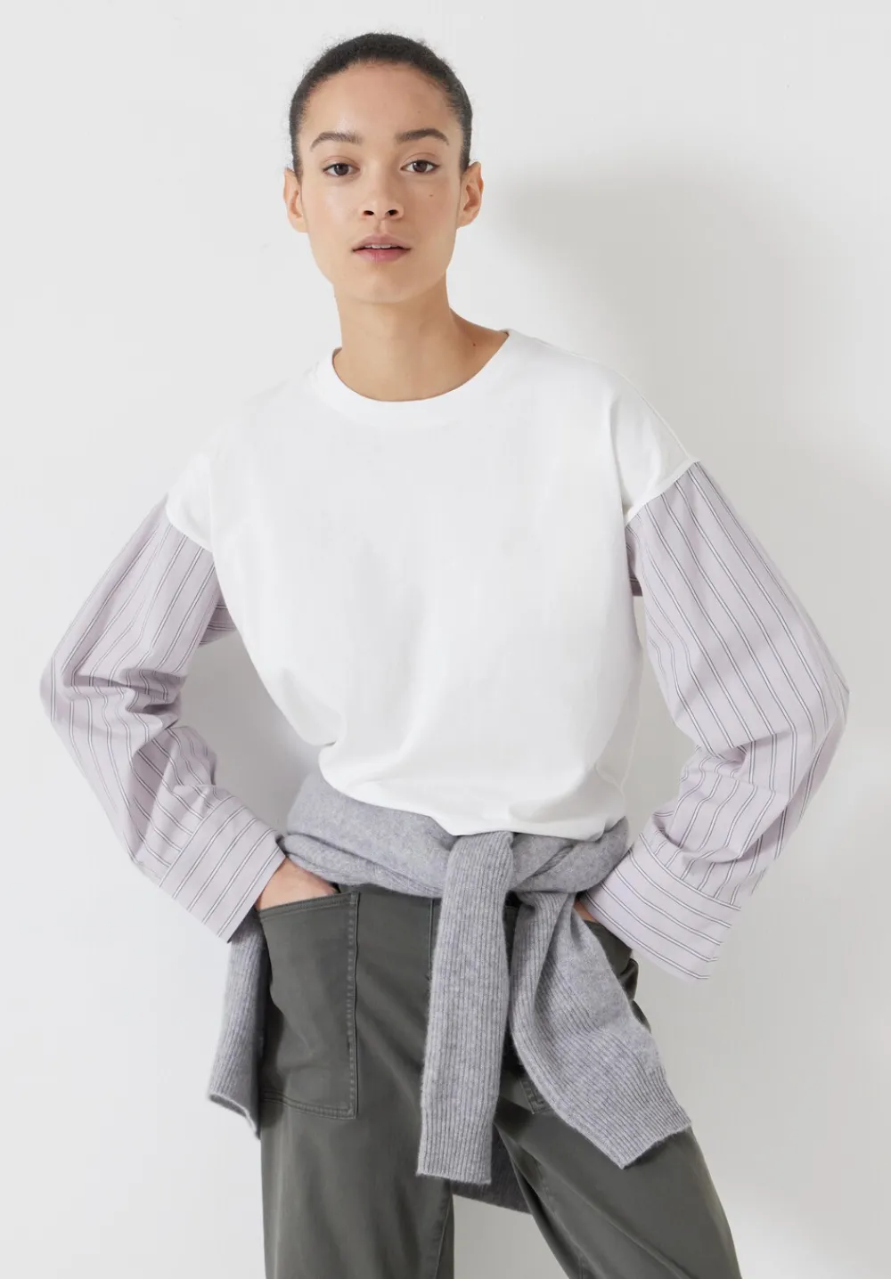 hush Tops & T-Shirts|Woven Mix Long Sleeve T-Shirt White