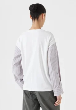 hush Tops & T-Shirts|Woven Mix Long Sleeve T-Shirt White