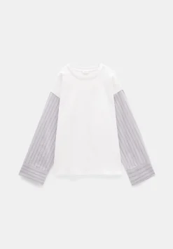 hush Tops & T-Shirts|Woven Mix Long Sleeve T-Shirt White
