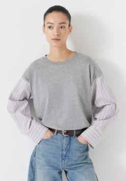 hush Tops & T-Shirts|Woven Mix Long Sleeve T-Shirt Grey Marl