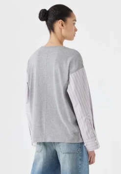 hush Tops & T-Shirts|Woven Mix Long Sleeve T-Shirt Grey Marl