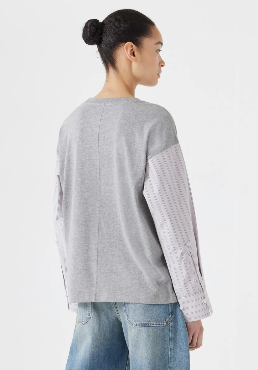 hush Tops & T-Shirts|Woven Mix Long Sleeve T-Shirt Grey Marl