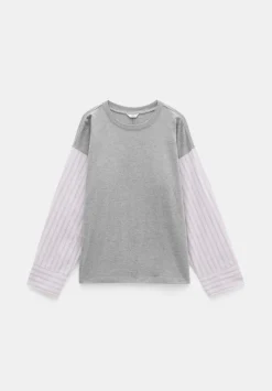 hush Tops & T-Shirts|Woven Mix Long Sleeve T-Shirt Grey Marl
