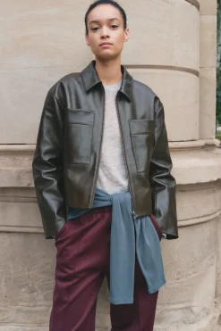 hush Jackets & Coats|Zip Front Leather Jacket Olive Green