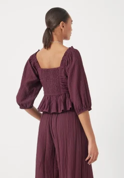 hush Tops & T-Shirts|Zoe Crinkle Peplum Top Wine Red
