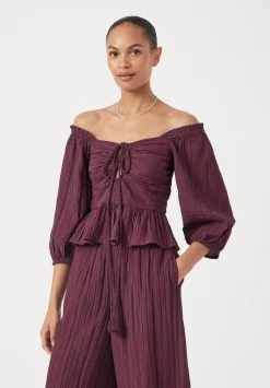 hush Tops & T-Shirts|Zoe Crinkle Peplum Top Wine Red